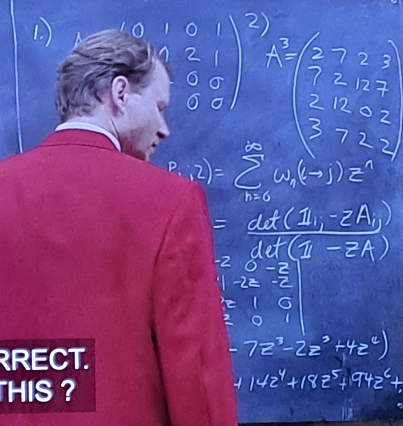 Detail of the solution board showing the adjacency matrix, its third power and a generating function.